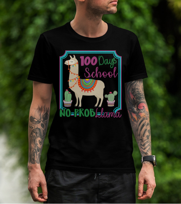 100 Days School No Probllama Colorful Llama With Cactus T-Shirt