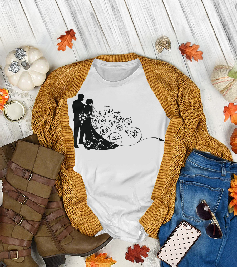 Bride and Groom Elegant Silhouette with Floral Swirl T-Shirt