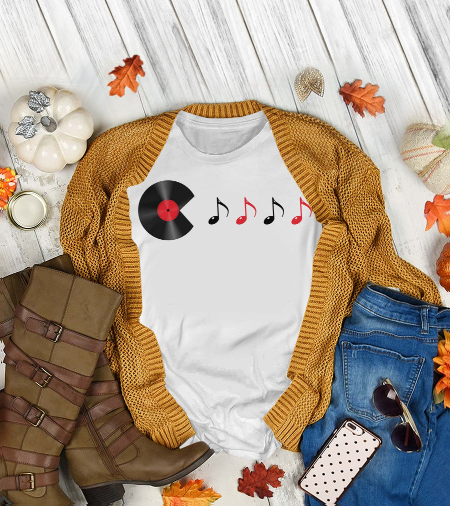 Pac Man Record Vinyl Music Notes Retro Gaming T-Shirt
