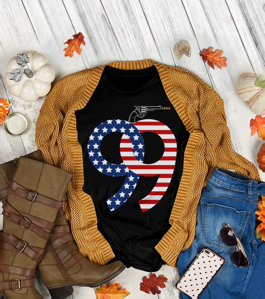 99 American Flag Stars and Stripes Revolver Gun T-Shirt