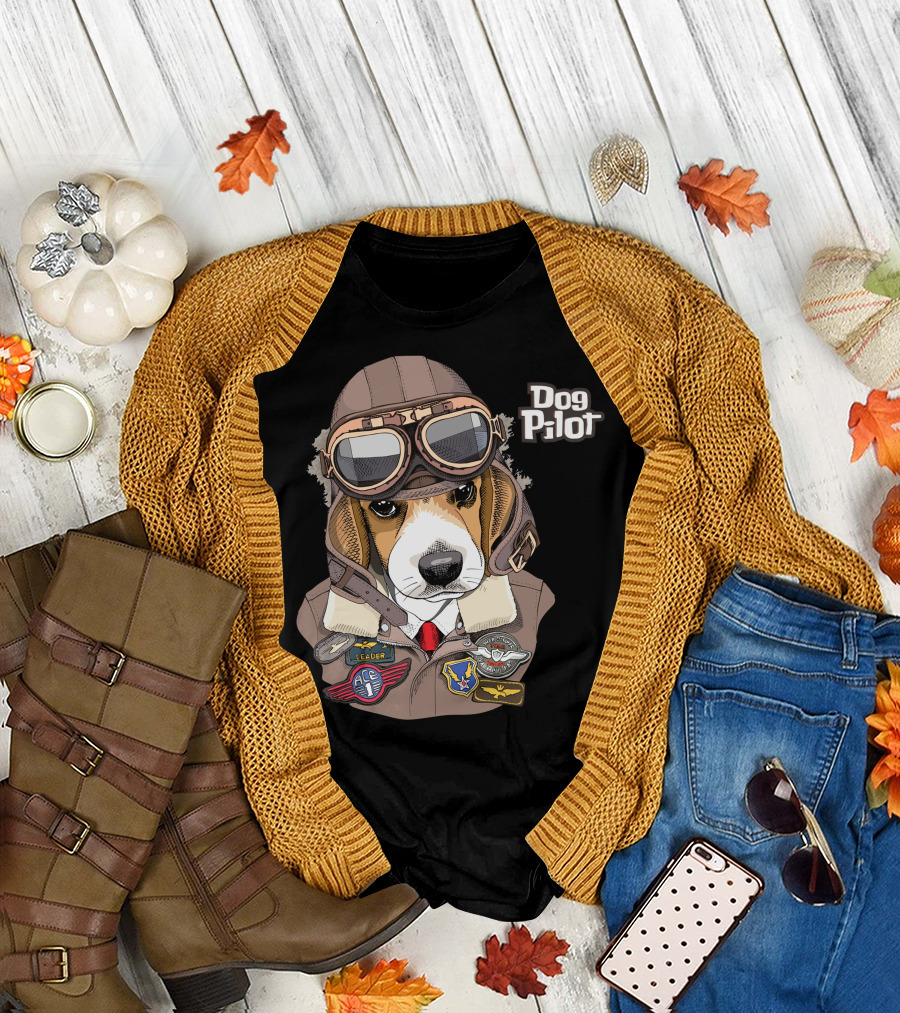 Dog Pilot Ace Leader Aviator Beagle with Goggles and Patches T-Shirt