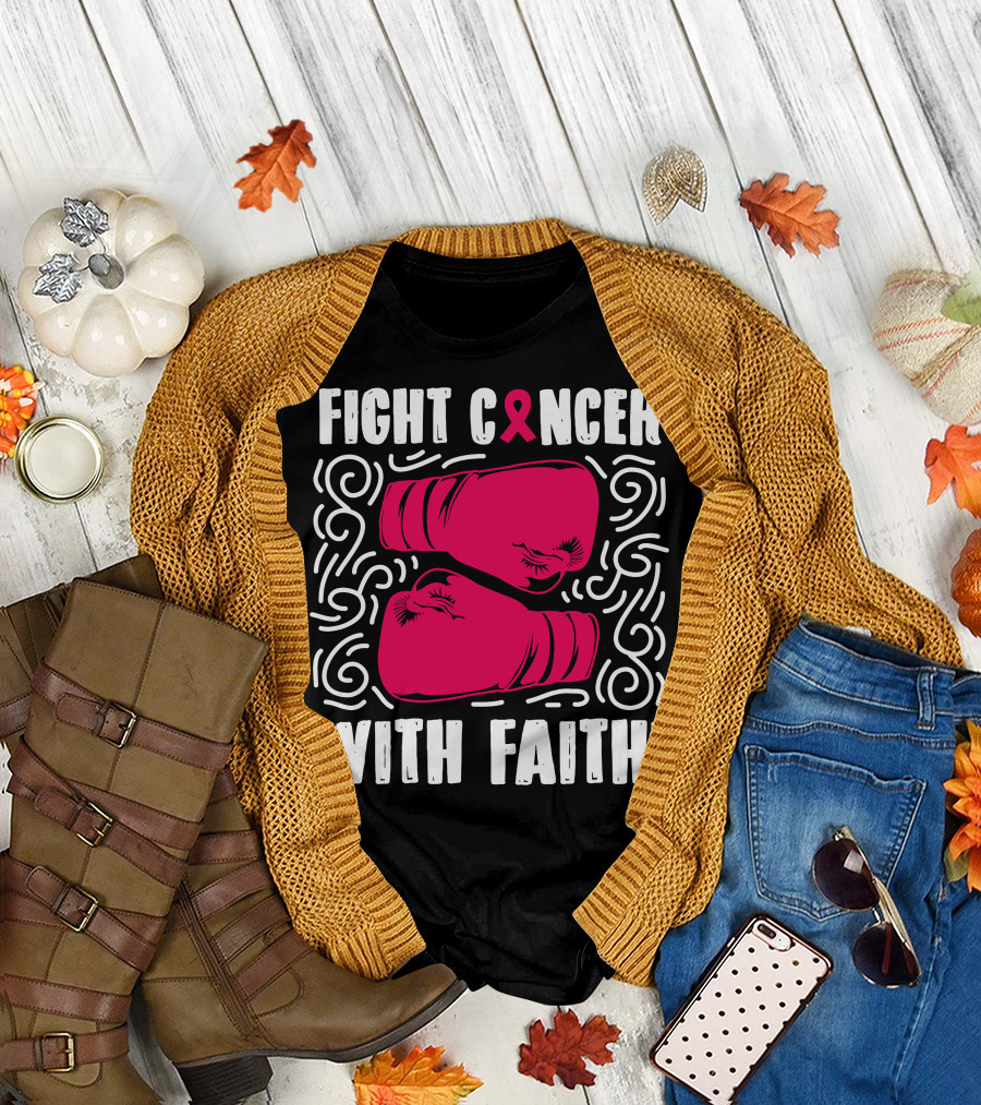 Fight Cancer With Faith Pink Ribbon Boxing Gloves Empowerment T-Shirt