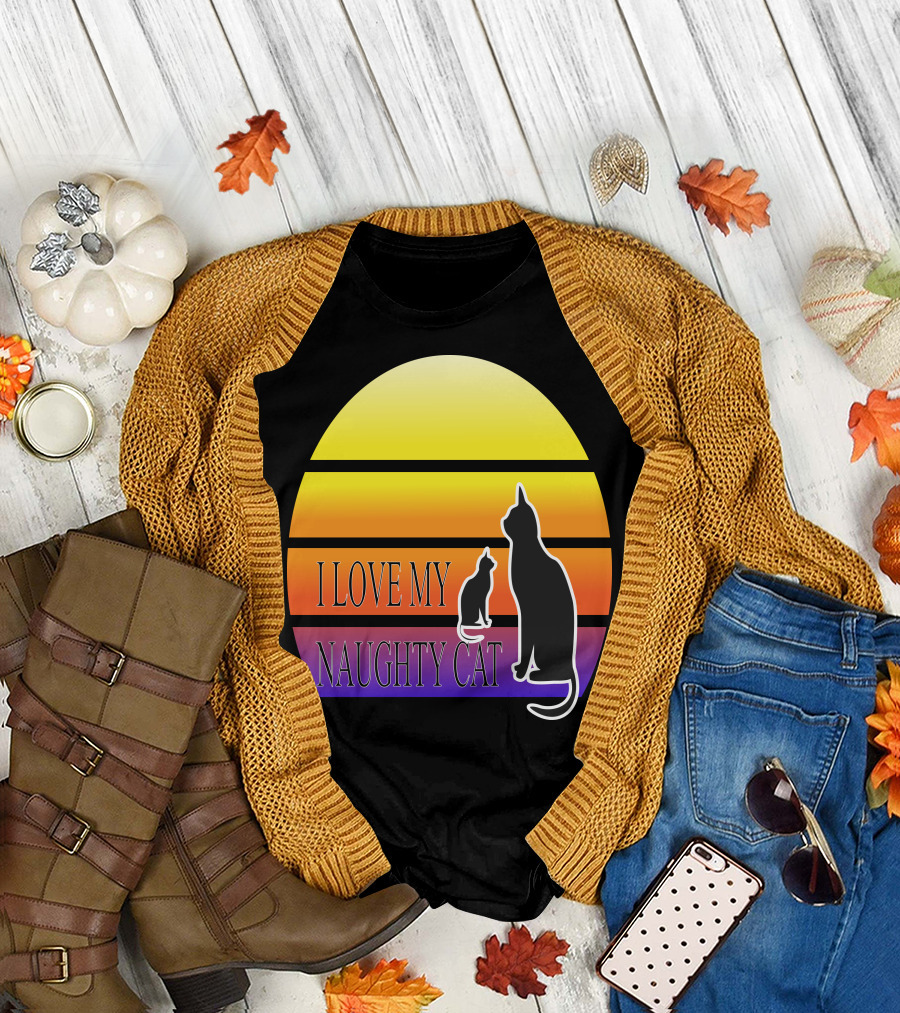 I Love My Naughty Cat Silhouette Against Sunset Stripes T-Shirt
