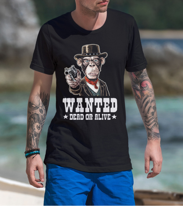 WANTED DEAD OR ALIVE Monkey Gentleman Holding A Revolver T-Shirt