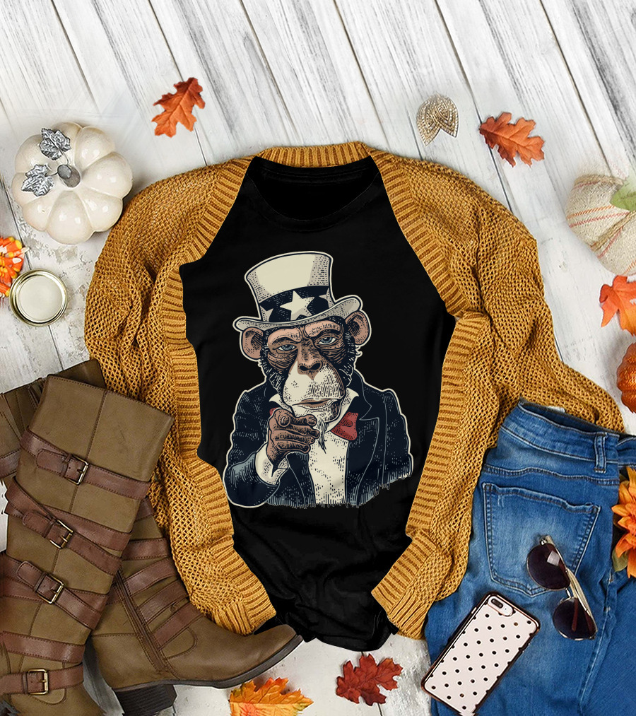 Monkey Uncle Sam Stars and Stripes Pointing Finger T-Shirt