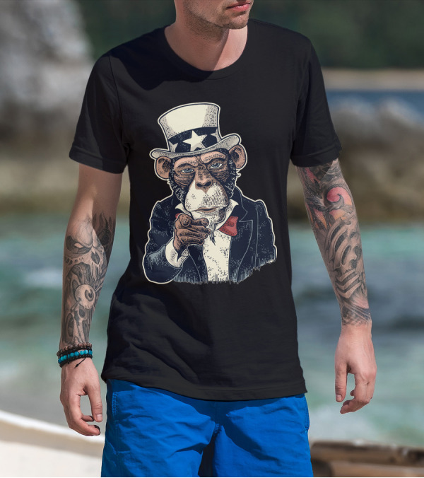 Monkey Uncle Sam Stars And Stripes Pointing Finger T-Shirt