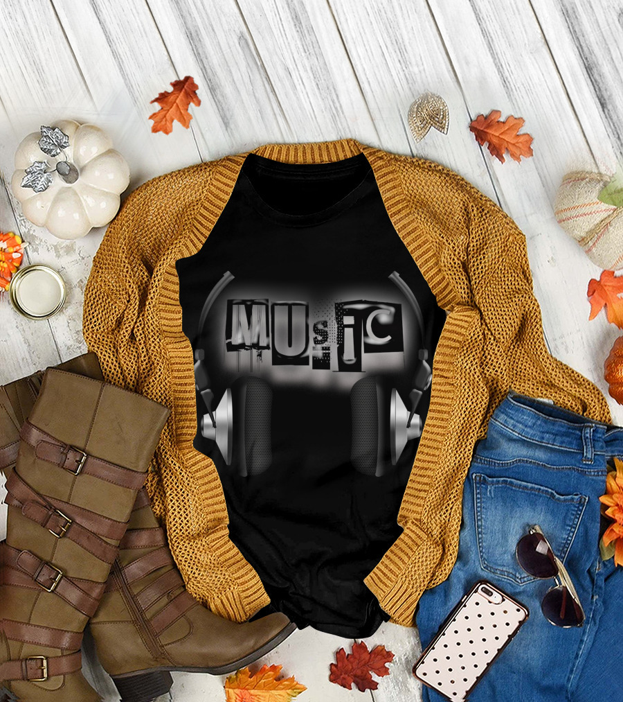 MUSIC Headphones Grunge Typography T-Shirt