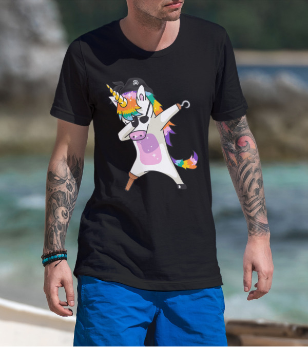 Dabbing Unicorn Pirate With Rainbow Mane Wearing Eyepatch And Pirate Hat T-Shirt