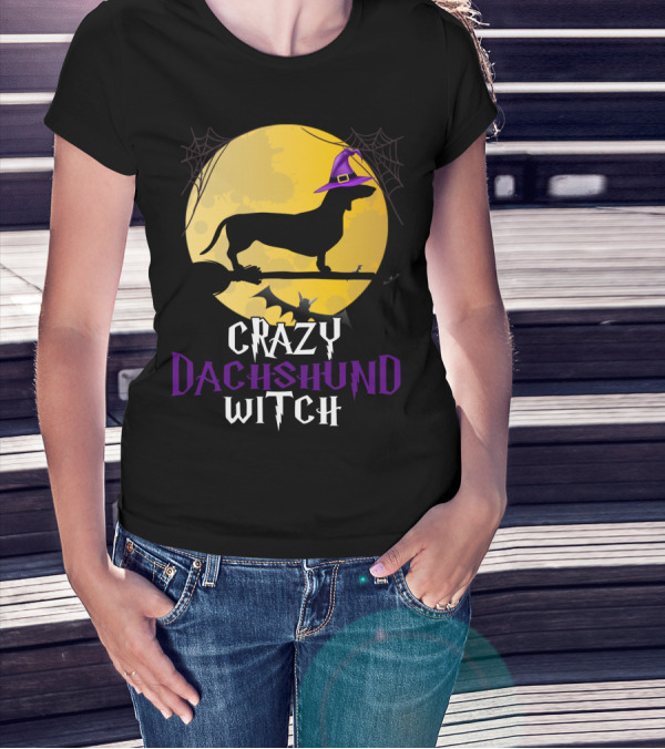 Crazy Dachshund Witch Dog Halloween Moon Silhouette With Broomstick And Purple Hat T-Shirt