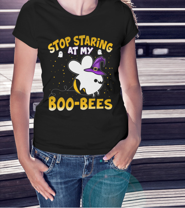 Stop Staring At My Boo Bees Halloween Ghost Bees With Witch Hat And Yellow Dots T-Shirt