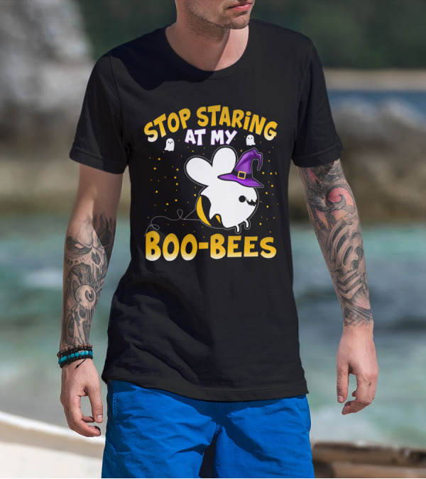 Stop Staring At My Boo Bees Halloween Ghost Bees With Witch Hat And Yellow Dots T-Shirt