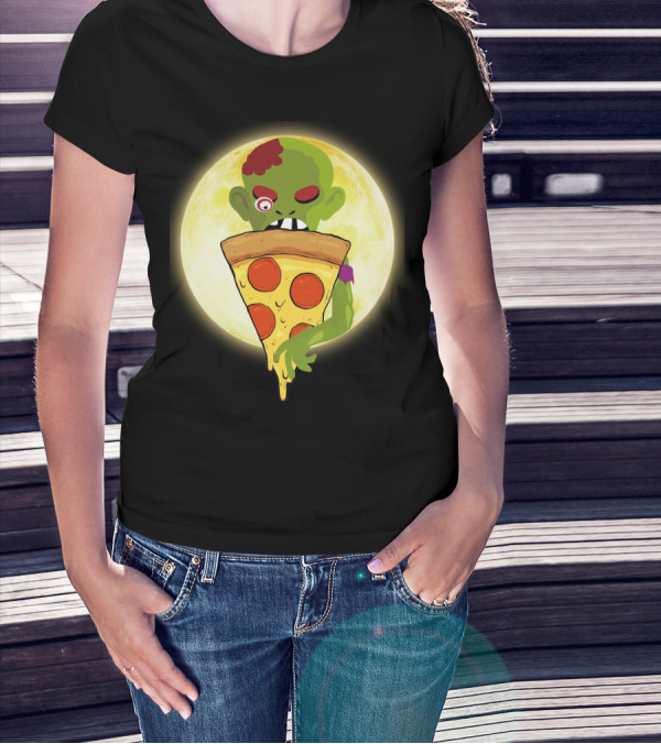 Zombie Eating Pepperoni Pizza Under Full Moon T-Shirt