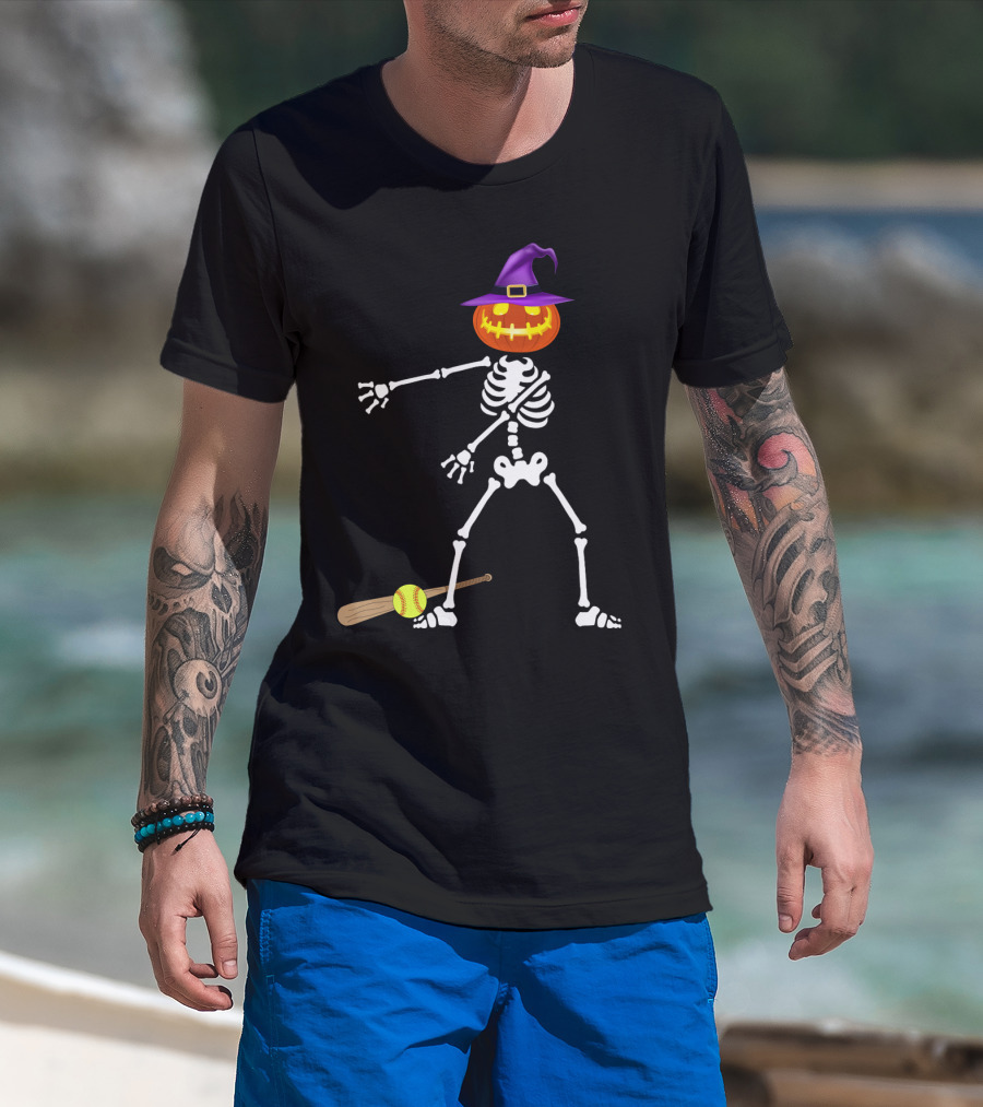 Skeleton Pumpkin Witch Performing Floss Dance With Softball Bat T-Shirt