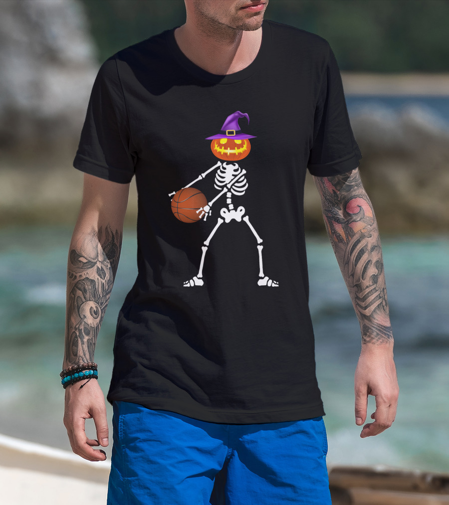 Skeleton Pumpkin Witch Basketball Flossing Dance Halloween Costume T-Shirt
