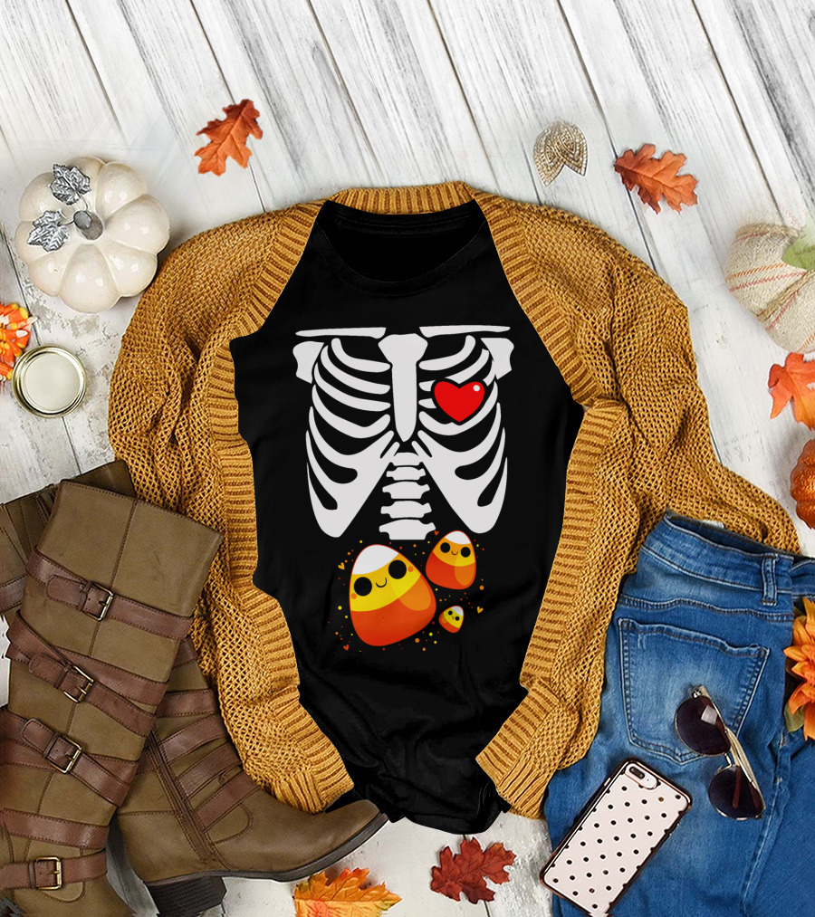 Skeleton Ribs Heart with Cute Candy Corn Halloween Food T-Shirt