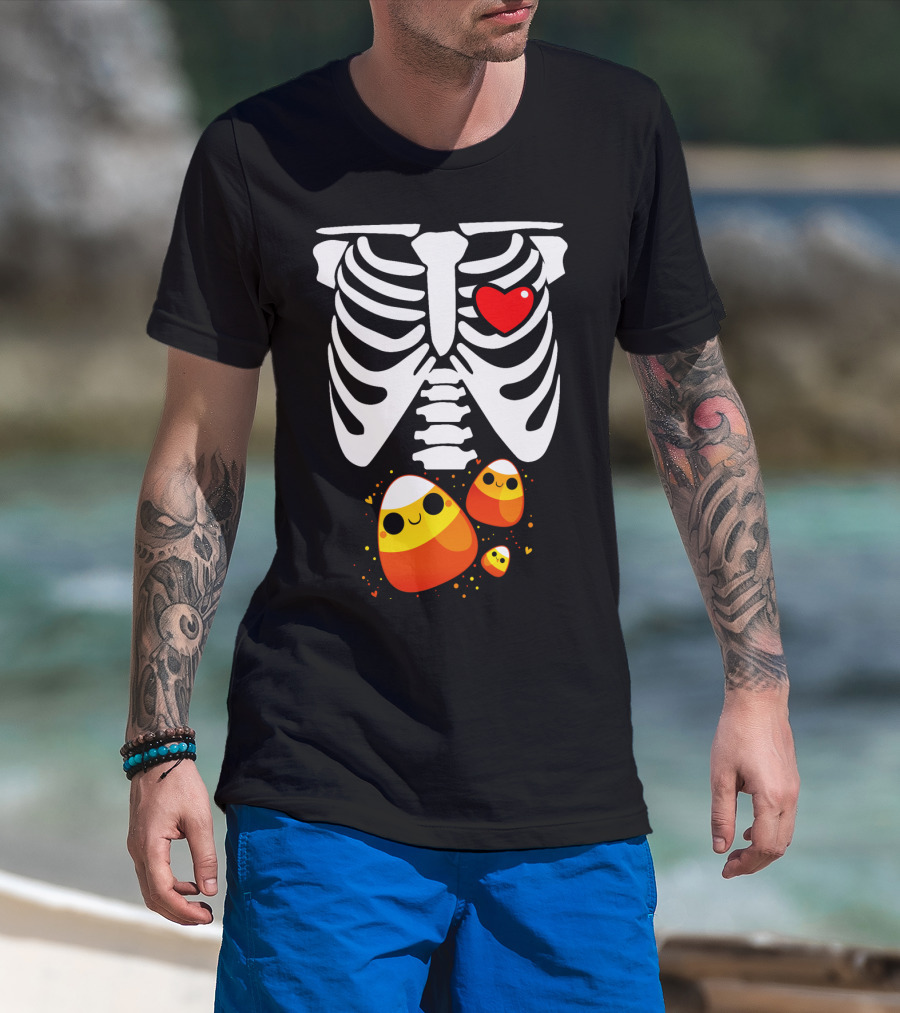 Skeleton Ribs Heart With Cute Candy Corn Halloween Food T-Shirt