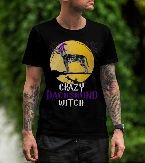 Crazy Dachshund Witch Dog With Purple Hat And Broom Halloween T-Shirt