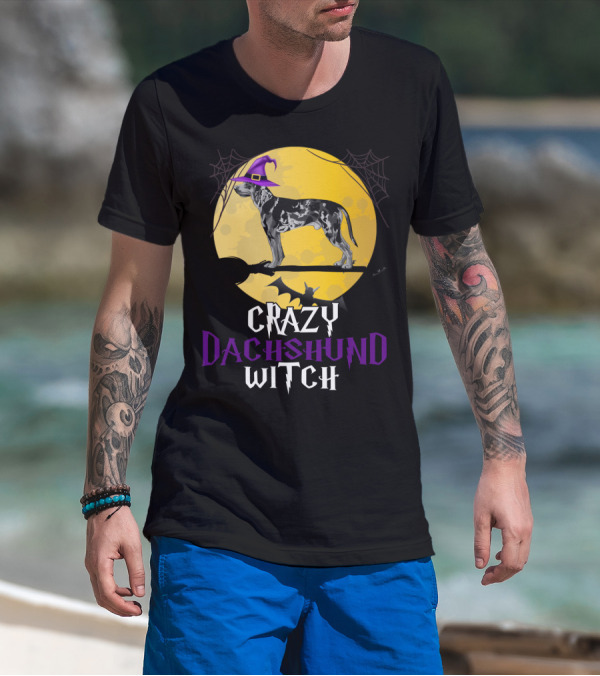 Crazy Dachshund Witch Dog With Purple Hat And Broom Halloween T-Shirt