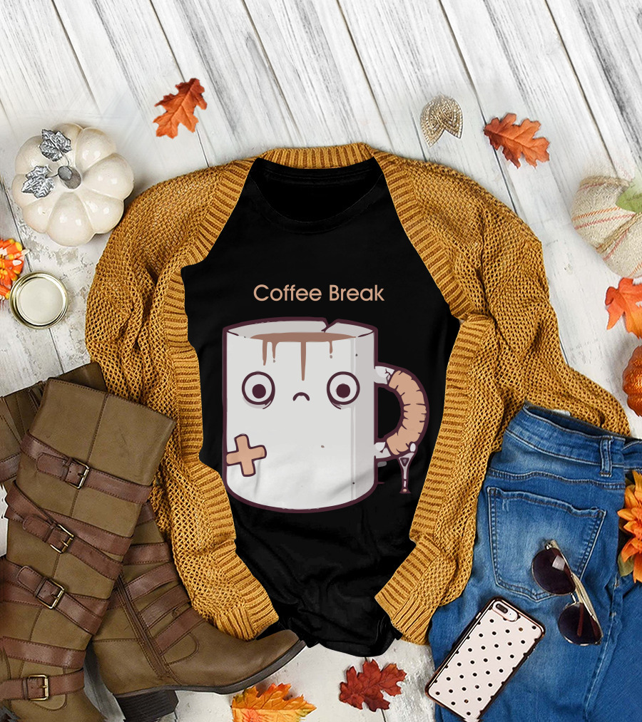Coffee Break Mug with Bandage and Sad Face T-Shirt