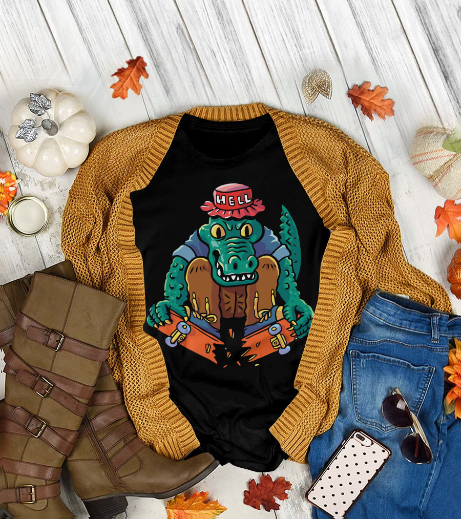 Crocodile Skater Breaks Deck Wears Hell Hat T-Shirt