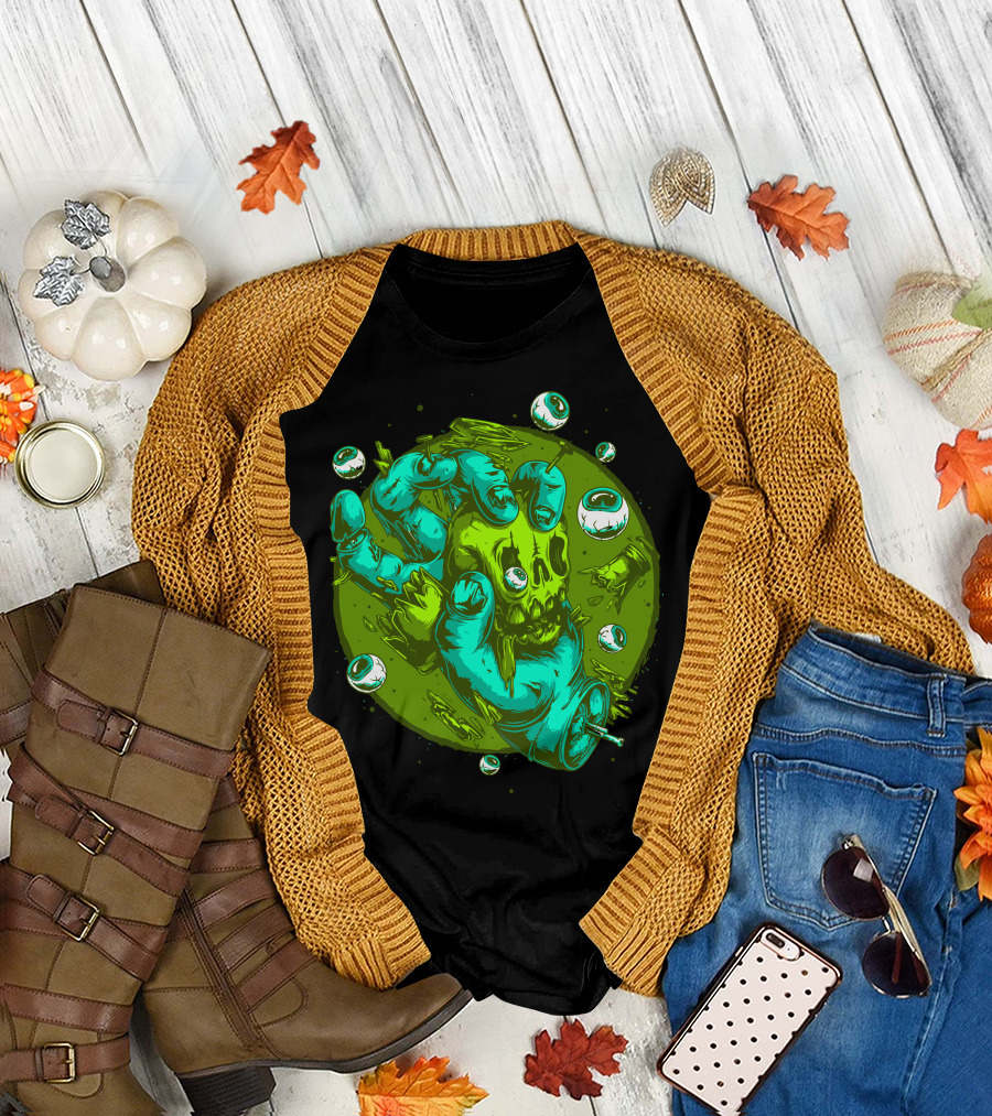Eyeball and Zombie Hand Grasping Skull in Green and Blue Color Scheme T-Shirt