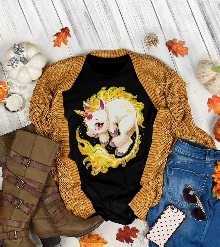 Fire Unicorn Magical Flame Jump T-Shirt