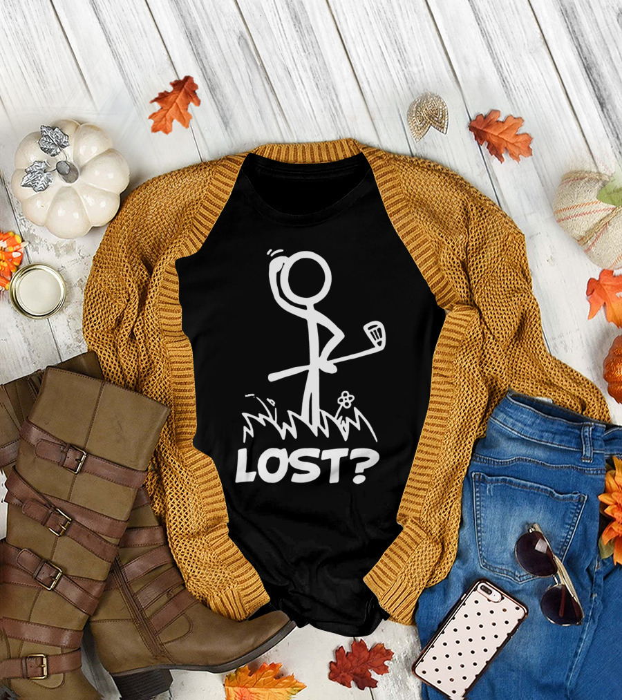 Lost Golf Stick Figure Questioning in Grass T-Shirt