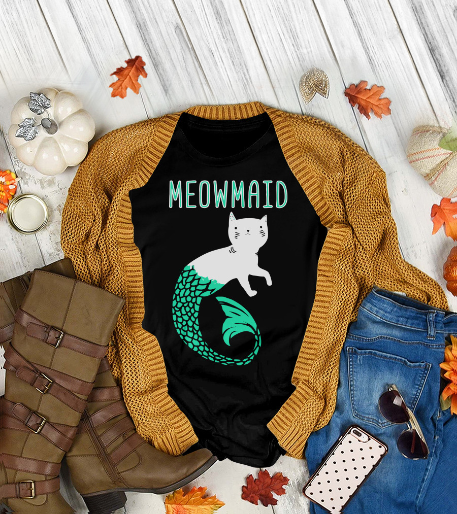 Meowmaid Cat with Mermaid Tail T-Shirt