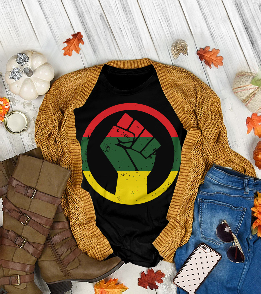 Rasta Black Power Fist with Red Green Yellow Circle T-Shirt