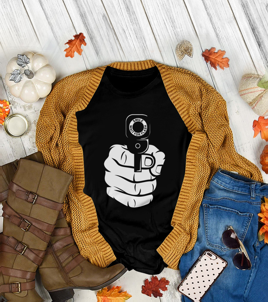 Smile Wait For Flash Finger Gun Gesture T-Shirt