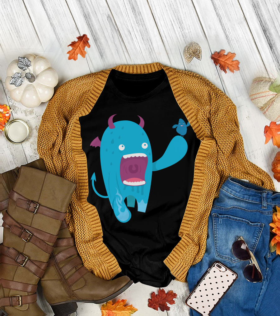 Sweet Monster Friendly Blue Creature with Bird T-Shirt