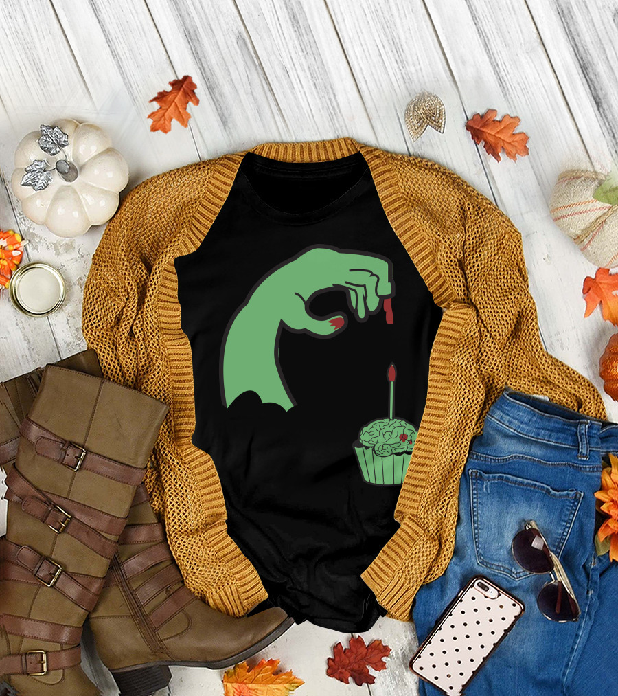 Zombie Hand Candle with Brain Cupcake Brainday T-Shirt