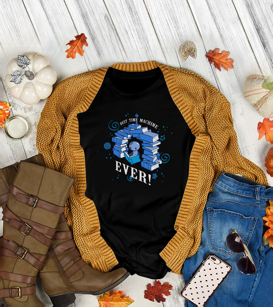 Best Time Machine Ever Blue Books and Stars Motif T-Shirt