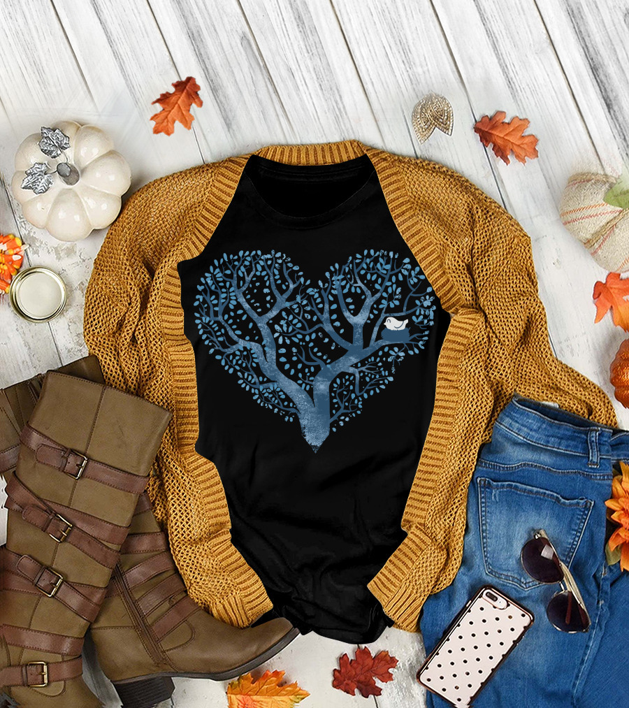 Home Is Where The Nest Is Blue Heart Tree With Bird T-Shirt