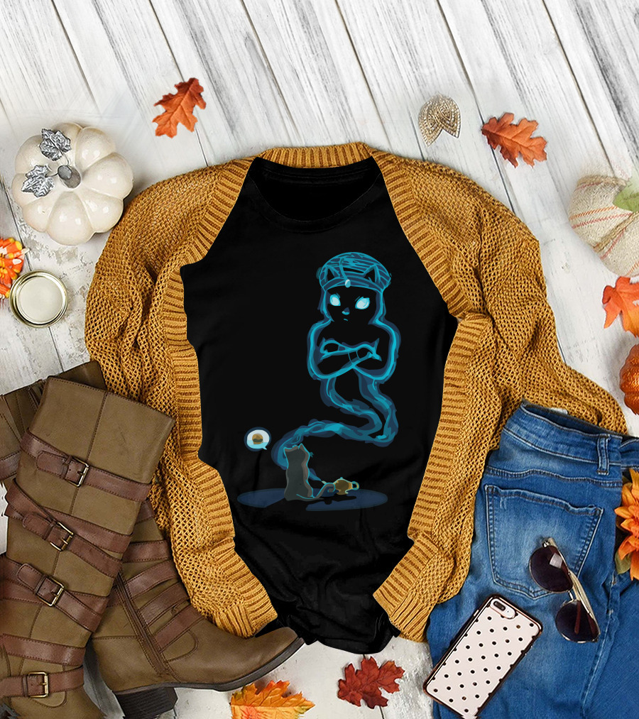 Magic Lamp Cat and Genie Fantasy Scene T-Shirt