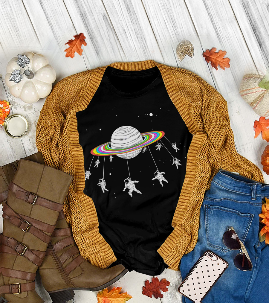 Astronauts Orbiting Rainbow Saturn Carousel T-Shirt