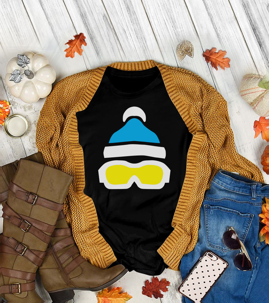 Ski Goggles Bobble Hat Blue White Yellow T-Shirt