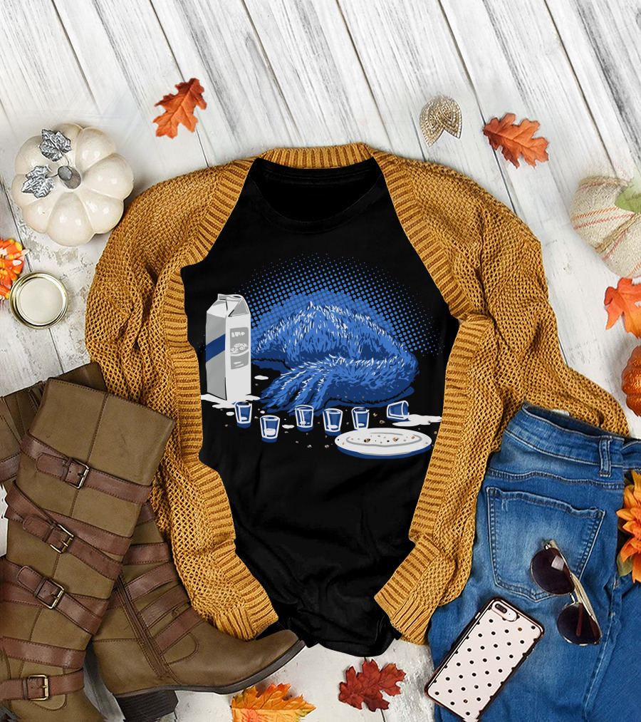 Milk and Cookies Binge with Blue Furry Creature T-Shirt