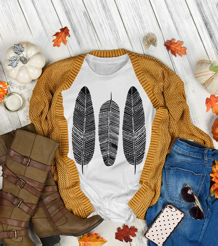 Boho Feathers Trio in Fine Line Artistry T-Shirt