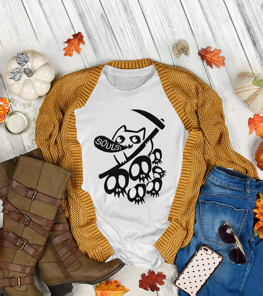 Cat Got Your Souls Iconic Grim Feline Holding Scythe with Skulls T-Shirt