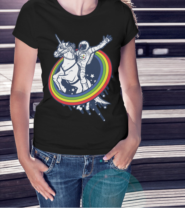 Fly With Unicorn Astronaut Through Rainbow And Stars T-Shirt