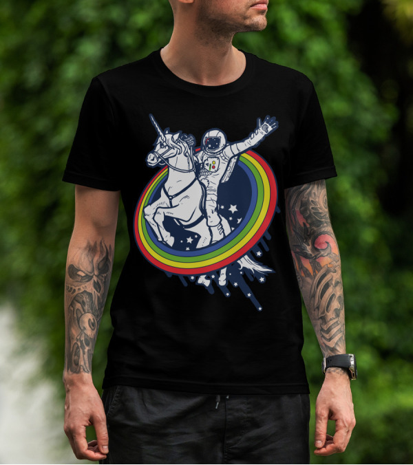 Fly With Unicorn Astronaut Through Rainbow And Stars T-Shirt