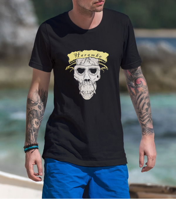 Harambe Skull With Tear Drop And Decorative Banner T-Shirt
