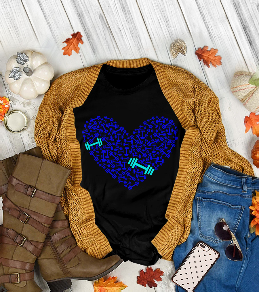 Heart Shape Made of Blue and Green Dumbbells with Love Gym T-Shirt