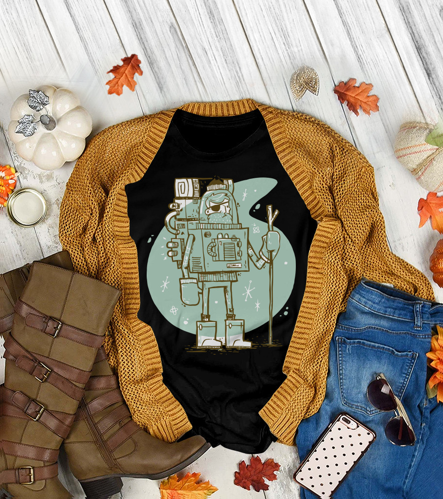 Retro Explorer Robot with Hiking Gear and Space Background T-Shirt