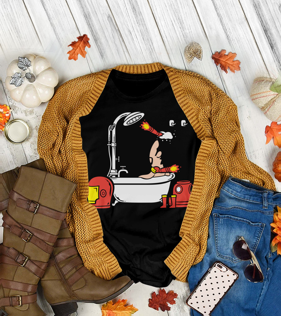 Firefighter Shower Bathing in Fire Gear with Hydrant and Red Helmet T-Shirt