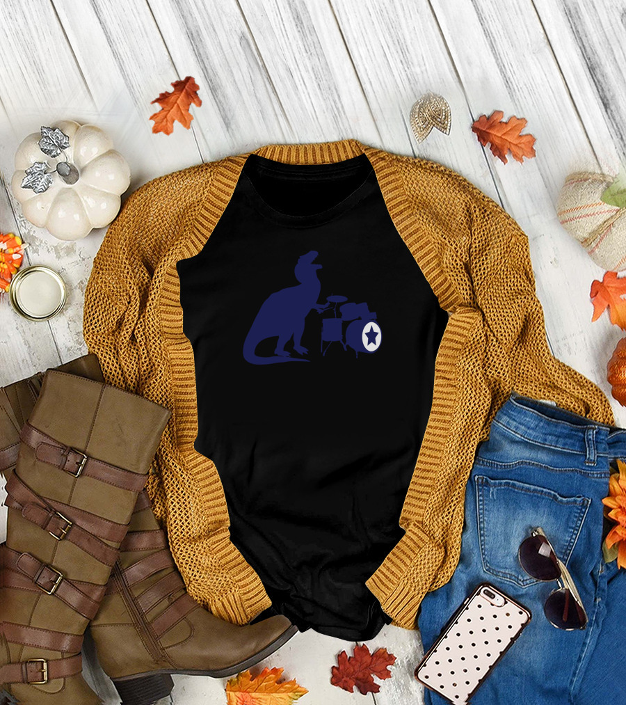 T Rex Playing Drums with Star T-Shirt