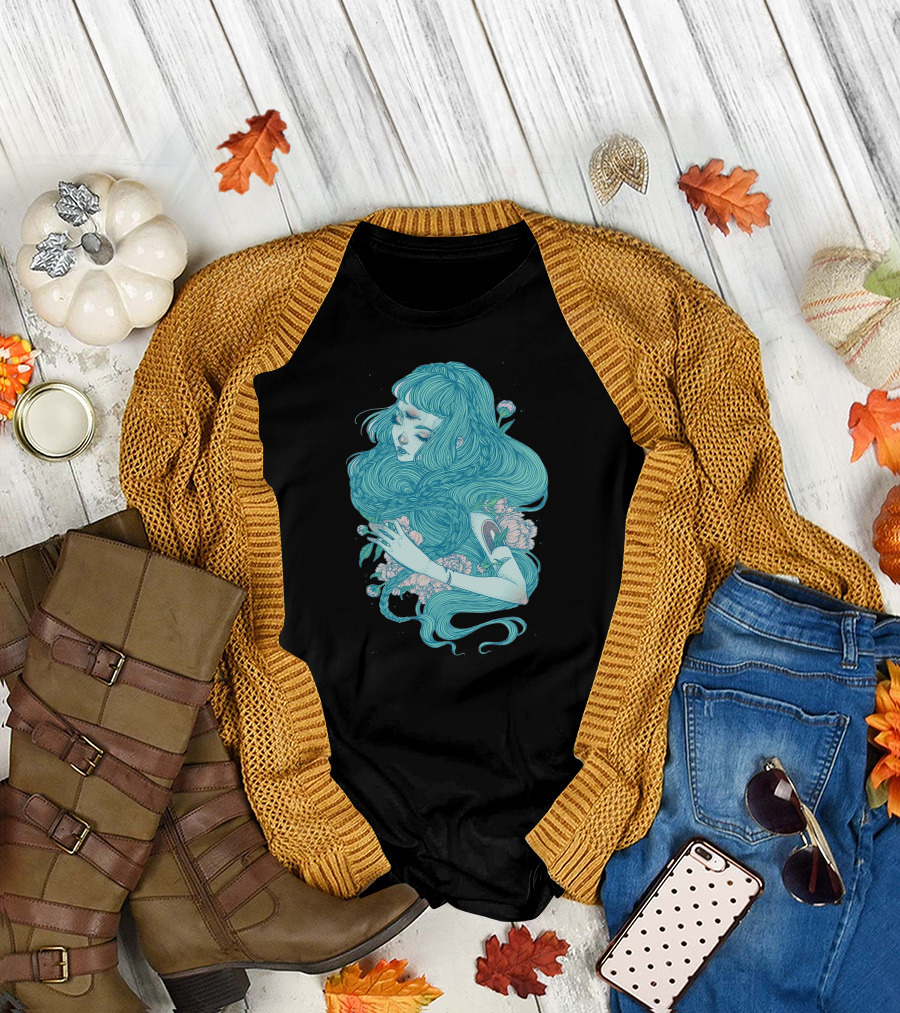 Hime Dreamlike Blue Haired Girl Surrounded by Flowers and Leaves T-Shirt