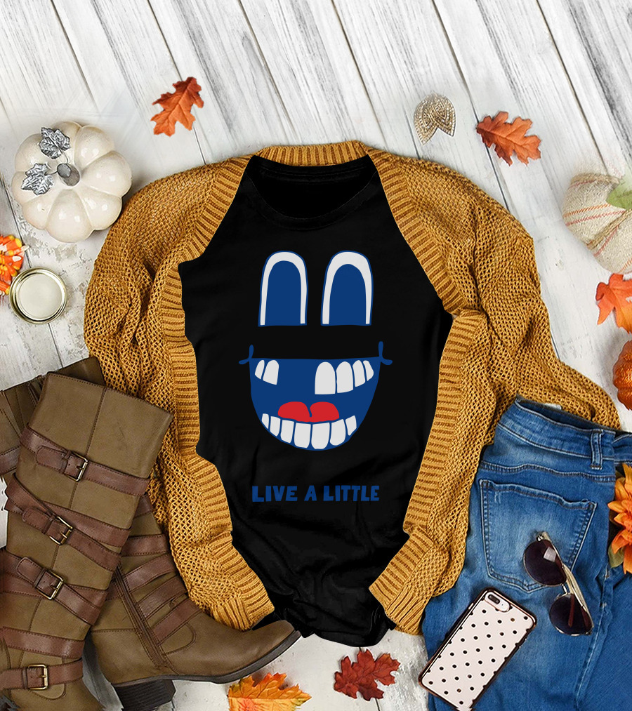 LIVE A LITTLE Blue Smiling Face with Eyes and Teeth T-Shirt