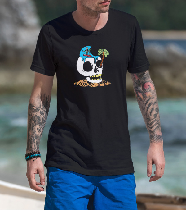 Surfer Skull With Island Wave And Skeleton T-Shirt